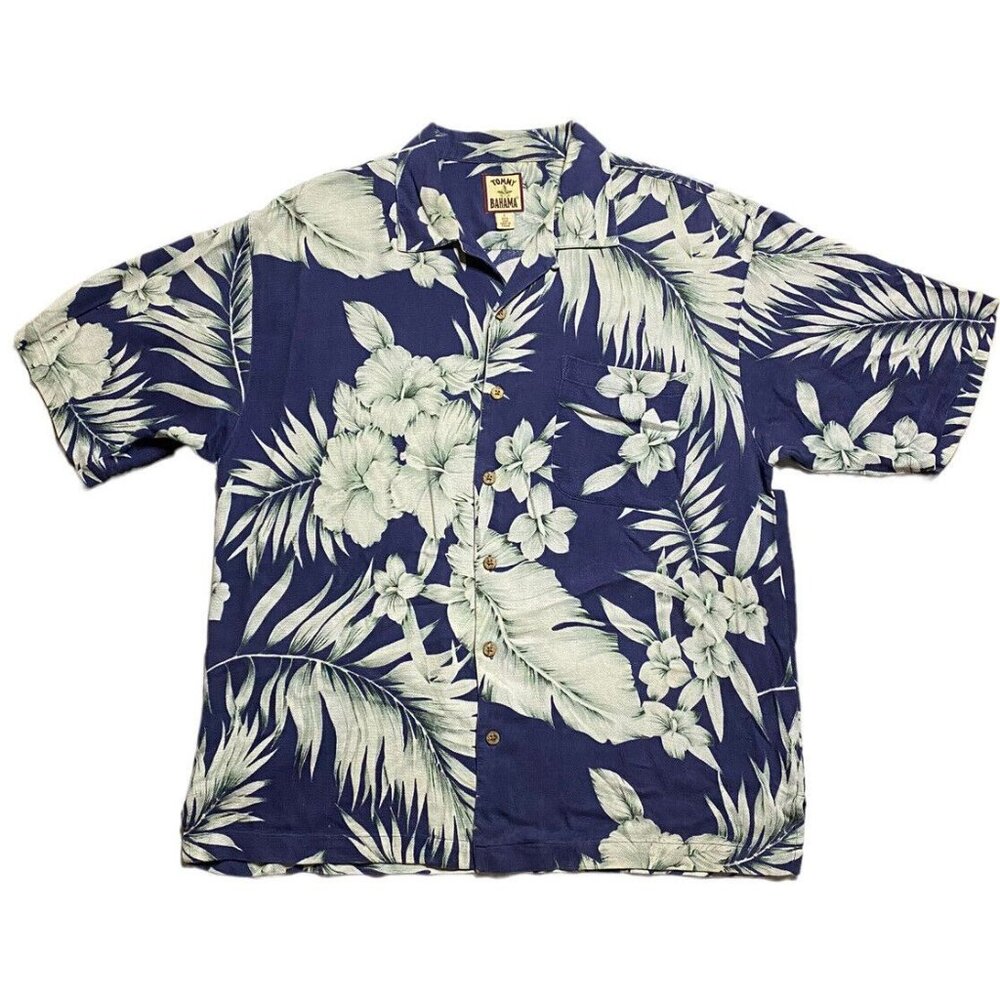 Tommy Bahama Hawaiian Hibiscus Print Camp  Shirt 100% Silk Blue White Size L